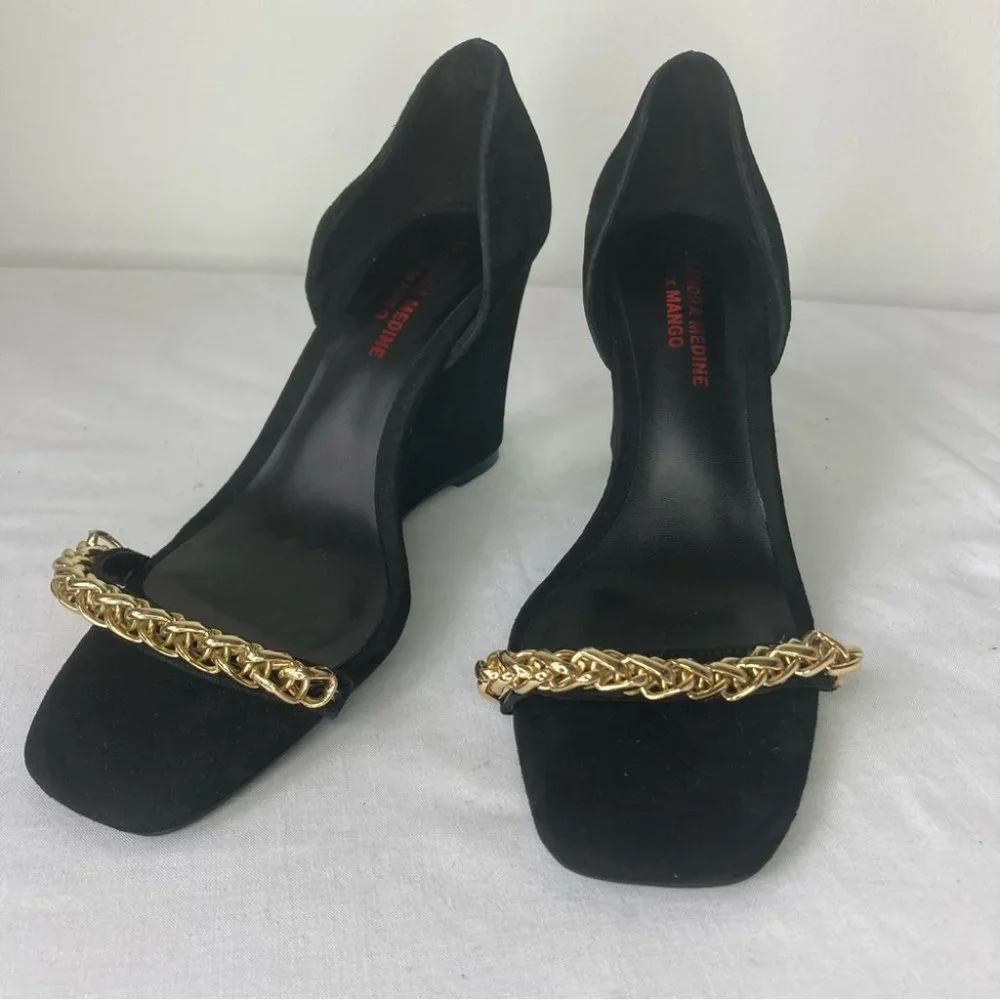 Black Wedge Sandals with Gold Chain Accent